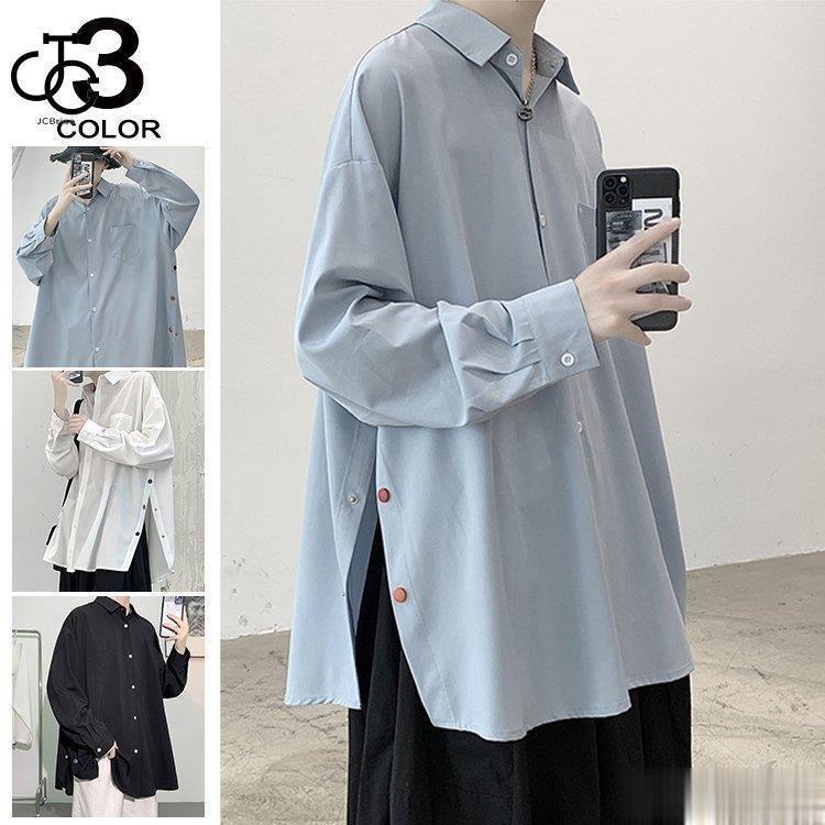 Rakuten - シャツ メンズ 長袖 ビッグシルエット シャツ ゆったり シャツ カジュアルシャツ ロングシャツ 長袖シャツ ビッグシャツ 韓国 ファッション