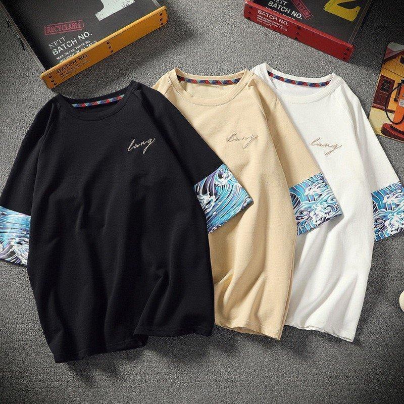 メンズ五分袖TシャツクルーネックトップスロングTシャツレトロプリントTシャツ
