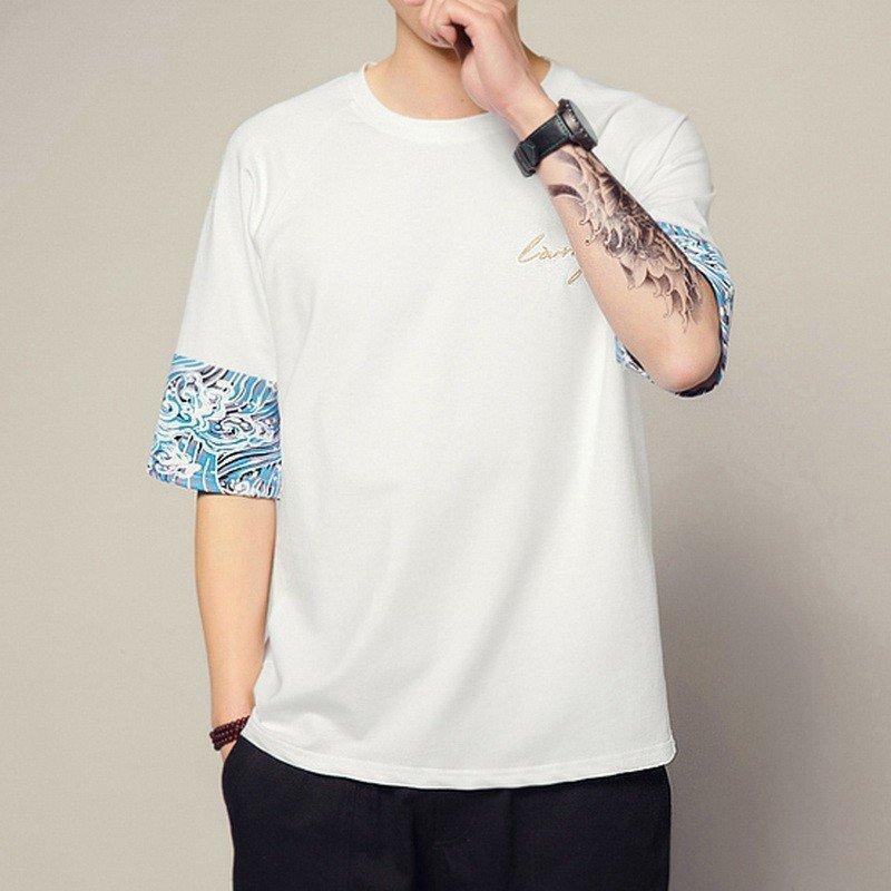 メンズ五分袖TシャツクルーネックトップスロングTシャツレトロプリントTシャツ