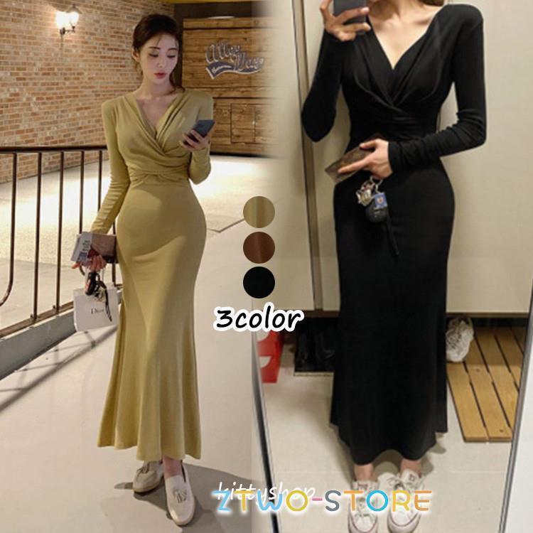 ワンピース タイトワンピース 韓国風 ブラック ブラウン イー 秋 マーメイド ロング丈 マキシ丈 お嬢様..