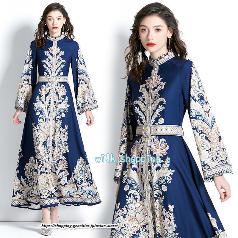 ロングワンピース ワンピース レディース 春 40代 キレイめ マキシ丈ワンピース 秋 長袖 夏物 プリント ドレスワンピース シャツワンピ 二次会 結婚