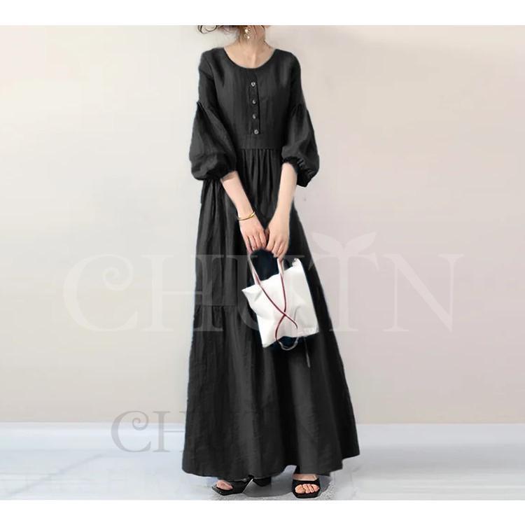 フレアワンピース ラウンドネック ボリューム袖 キレイめ 7分袖ワンピース ギャザー ロングワンピース 黒 マキシ ヘンリーネック お洒落 無地 シンプル 2023 秋