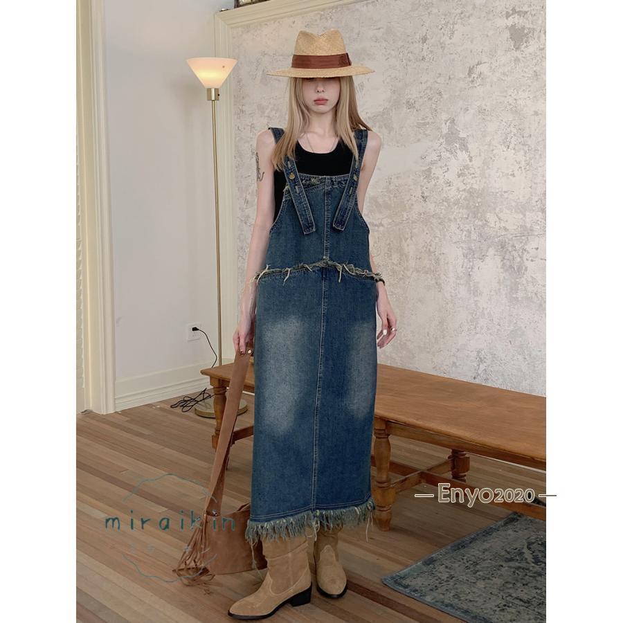 デニムサロペット サロペット オーバーオール ジャンパースカート オールインワン ロング丈 着まわし 大人可愛い 体型カバー おしゃれ 着痩せ