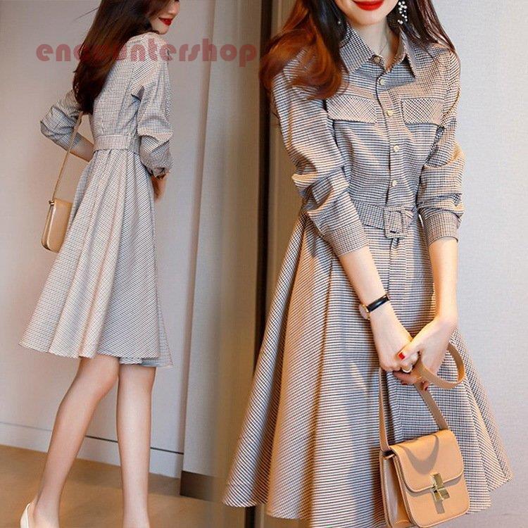 シャツワンピース レディース 40代膝丈ワンピース 春夏秋新作 長袖ワンピース チェック柄 フレア Aライ..