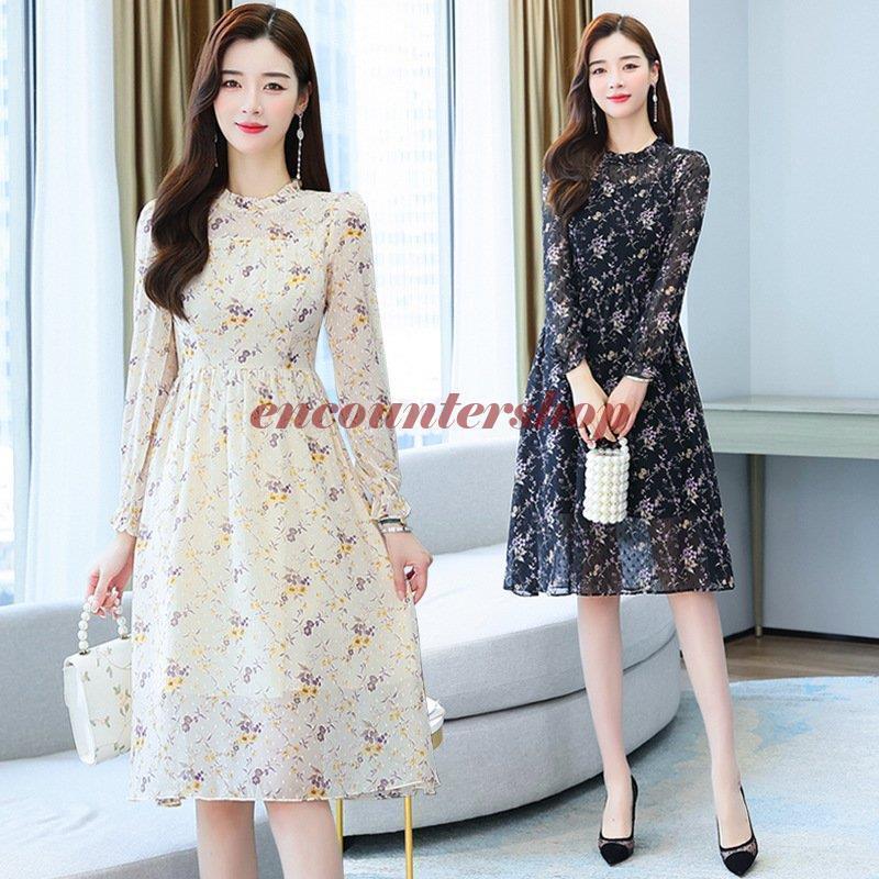 ワンピース レディース 40代 きれいめ 膝丈ワンピース 秋冬 長袖ワンピース 花柄シフォン Aラインスカ..