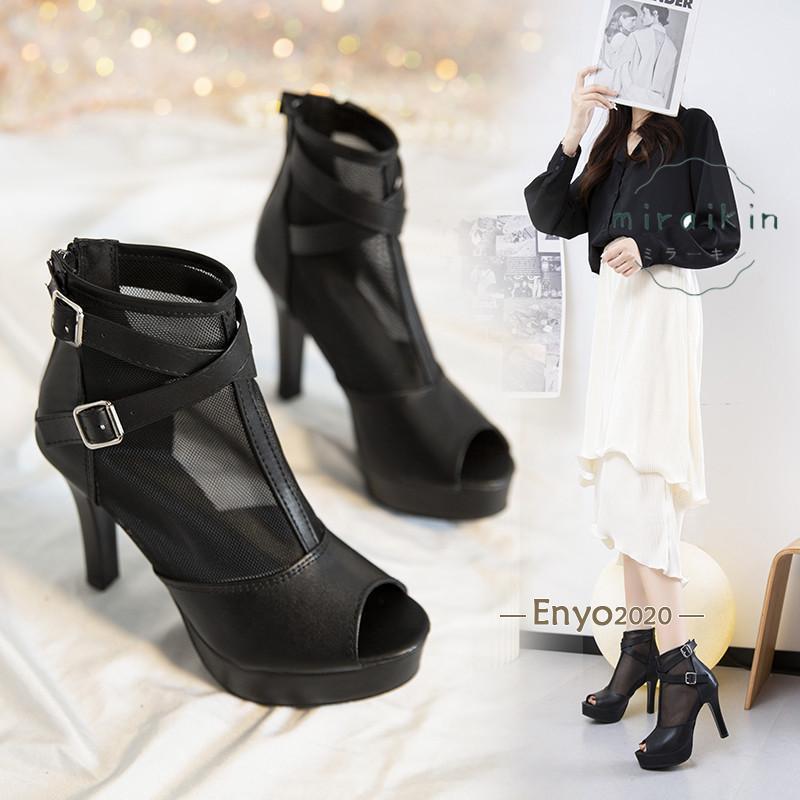 サンダルブーツ レディース 夏ブーツ ブーティー サンダル ショートブーツ 透かし彫り オープン ハイヒール 厚底 黒サンダル 黒ブーツ 夏用 夏靴 夏シューズ