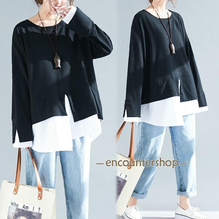 重ね着風 Tシャツ チュニック 長袖 レディース カットソー 配色 切り替え アシンメトリー クルーネック スリット 無地 ゆったり 体型カバー