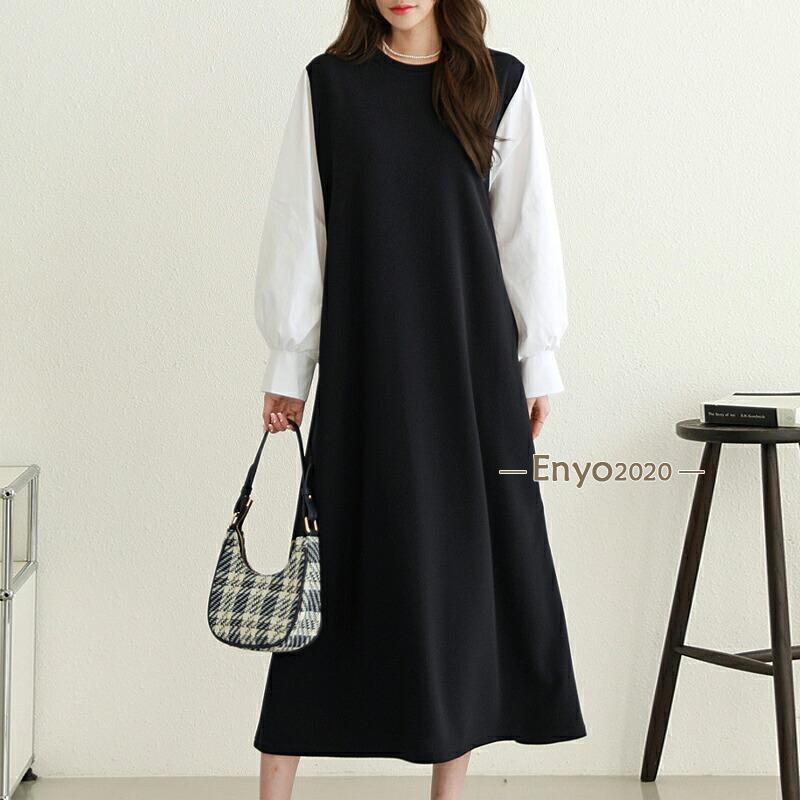 エンボス ワンピース パフスリーブ ドッキング ジャンパースカート レディース ジャンスカ ロング 長袖 体型カバー 着痩せ ロング丈 クルーネック フレア A