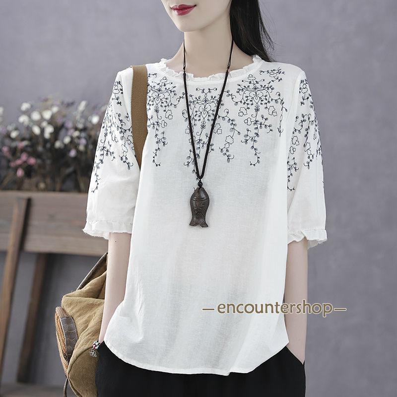 harmony17の【2点ご購入で300】ブラウス Tシャツ レディース 半袖 トップス ボーダー柄 シャツ 涼しい ゆったり おしゃれ 着痩せ 通勤 通学 カジュアル 大きいサイズ｜アングル2