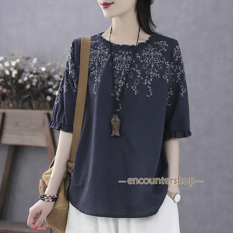 harmony17の【2点ご購入で300】ブラウス Tシャツ レディース 半袖 トップス ボーダー柄 シャツ 涼しい ゆったり おしゃれ 着痩せ 通勤 通学 カジュアル 大きいサイズ｜アングル3