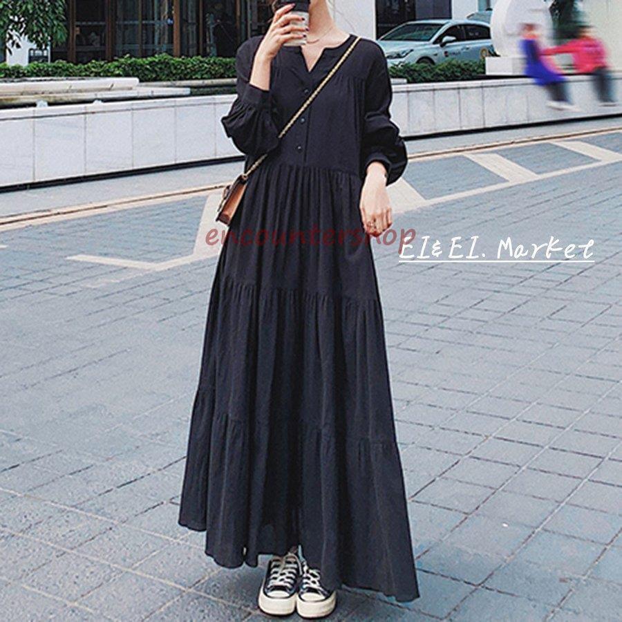 レディース ワンピース 秋冬 マキシ丈ワンピース 長袖 おしゃれ きれいめ 黒ワンピ vネック 揺れる 可..