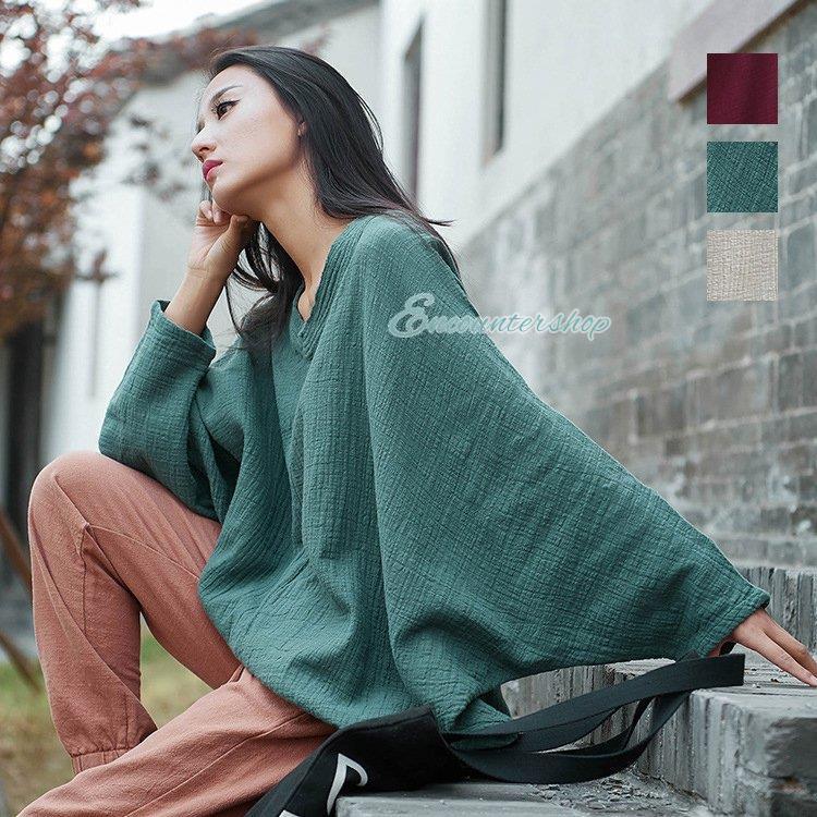 Tops - シャツ スウェット　レディース 綿麻 長袖 ブラウス トップス リネン 秋物 アウター Vネック ドルマンスリーブ 無地 秋冬 春 カーディガン 大きいサイズ