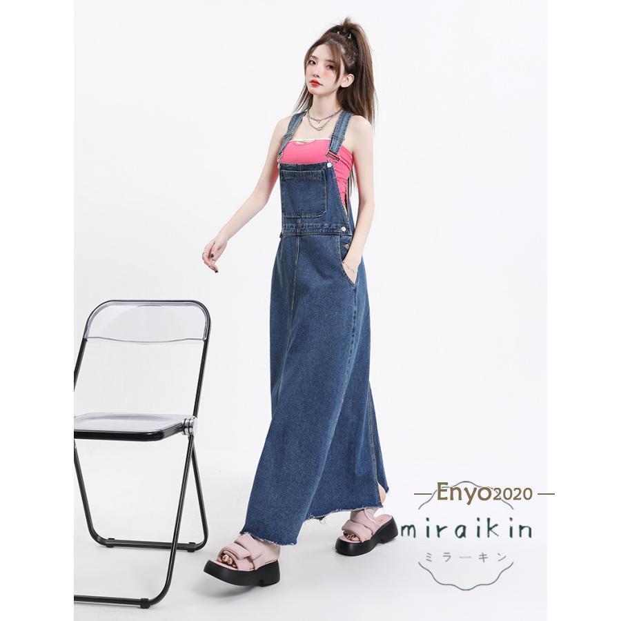 オールインワン サロペット レディース 大きいサイズ オーバーオール デニム ジャンパースカート きれいめ 小さいサイズ スリット 体型カバー 着痩せ