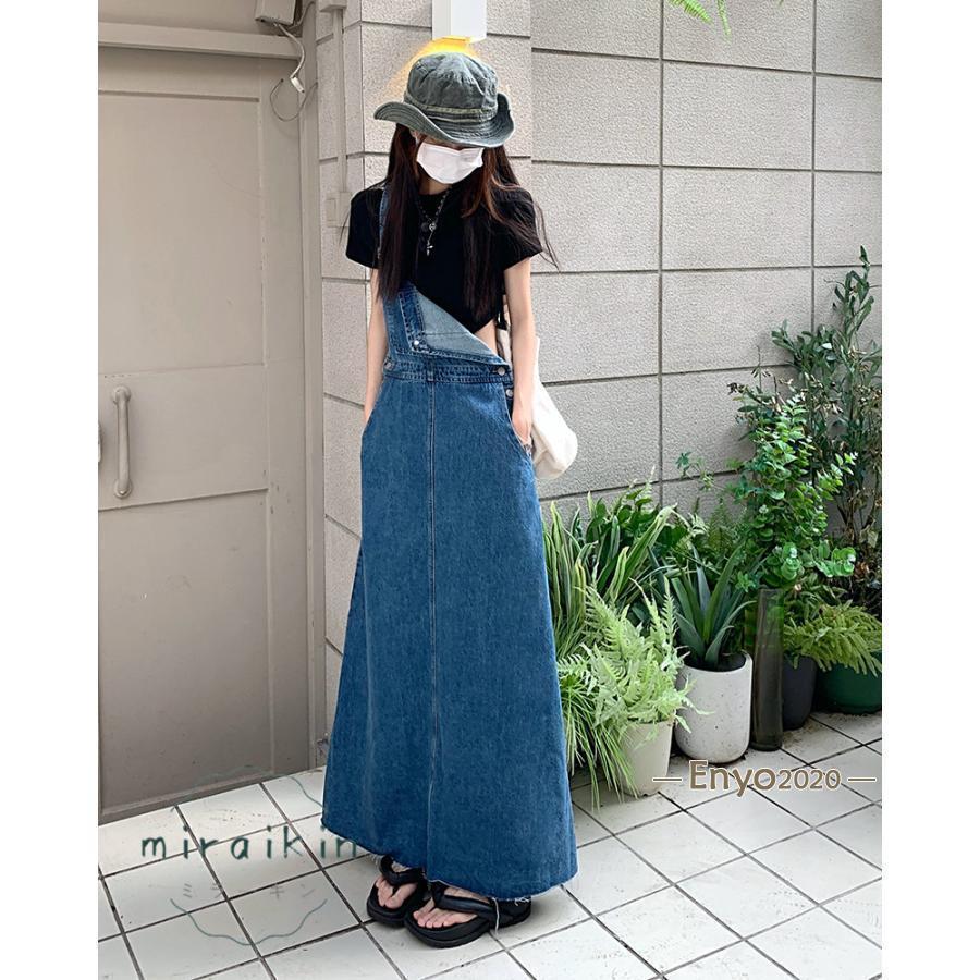 デニムサロペット サロペット オーバーオール ジャンパースカート オールインワン ゆったり 体型カバー マキシ丈 スリット おしゃれ カジュアル