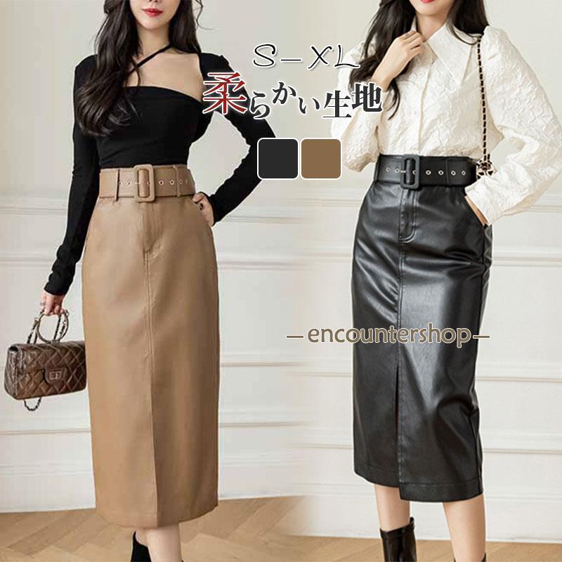 レザースカート レディース 膝丈 スリット 着痩せ ウエストゴム フェイクレザー スカート フレア ハイウエスト 可愛い 通勤 細見え