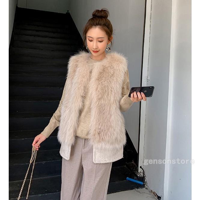 ファーベスト レディース 毛皮ベスト フォックス切替 ラシャ ふわもこベスト フェイクファー 厚手 おし..