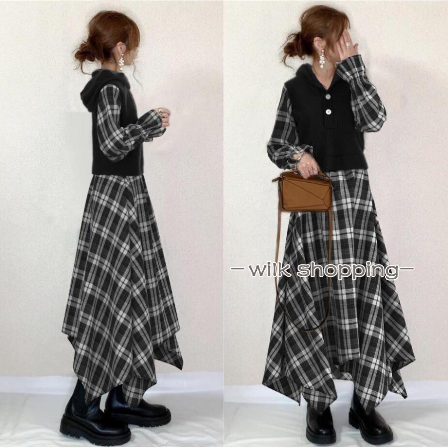 Dresses - ドッキングワンピース レディース 秋服 チェック柄 フード付き ワンピース切り替え 無地 異素材 ロングワンピース 不規則裾 フレアワンピース 長袖ワンピース