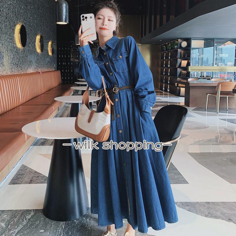 デニムワンピース 長袖 春服 秋物 前ボタン 前開き デニムジャケット ワンピース ロングワンピ ミモレ丈 aライン デニムシャツ 着痩せ 体型カバー 30代40代50代
