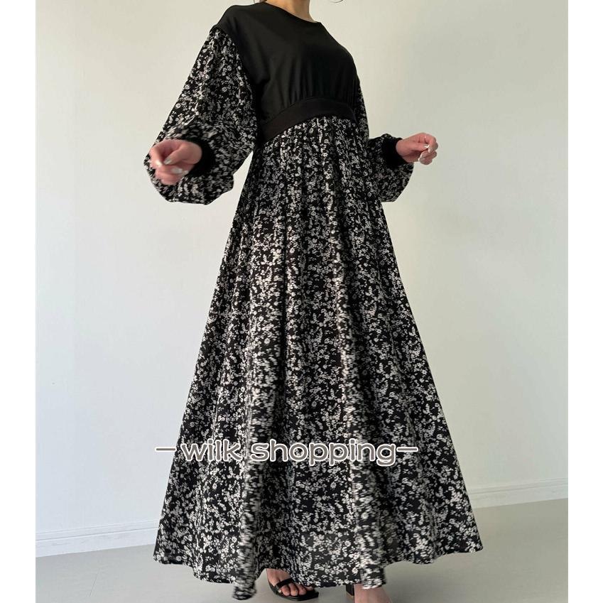 シフォンワンピース レイヤード風 長袖 パフスリーブ 花柄ワンピース 春ワンピース 可愛い ロングワンピース リゾートワンピース 丸首 aラインワンピース