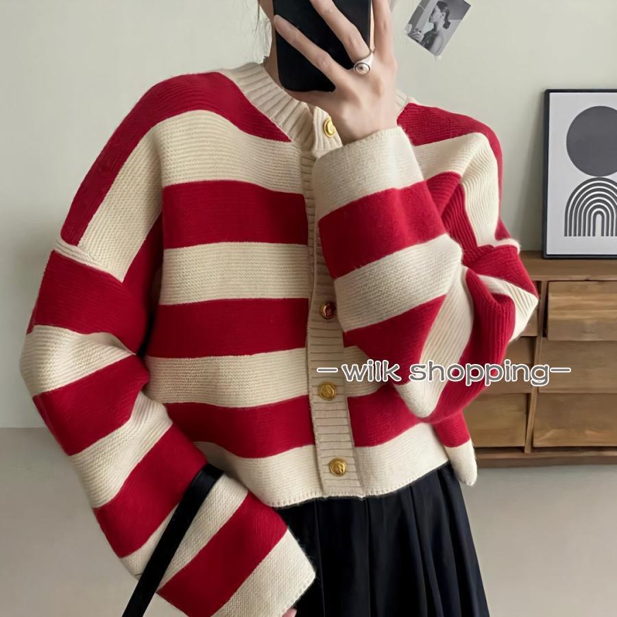 ニットカーディガン ショート丈アウター ボーダー レディース 秋服 ニット セーターカーディガン 春秋 ..