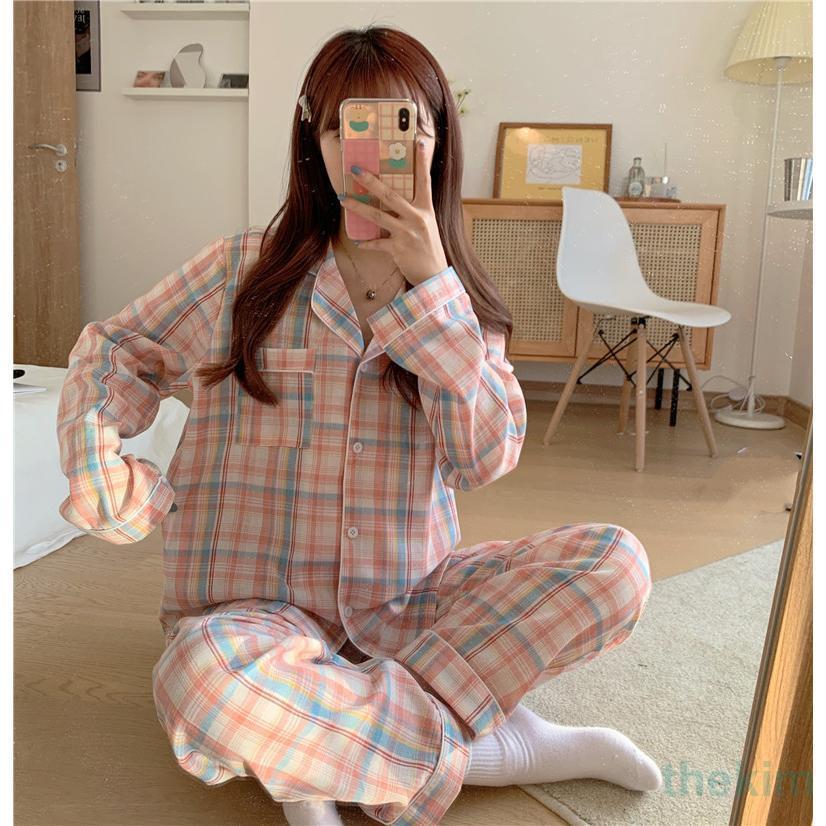パジャマ レディース ルームウェア 春秋夏 セットアップ ゆったり 綿 長袖 女性 上下セット チェック柄 可愛い ロングパンツ 韓国風 寝巻き 部屋着