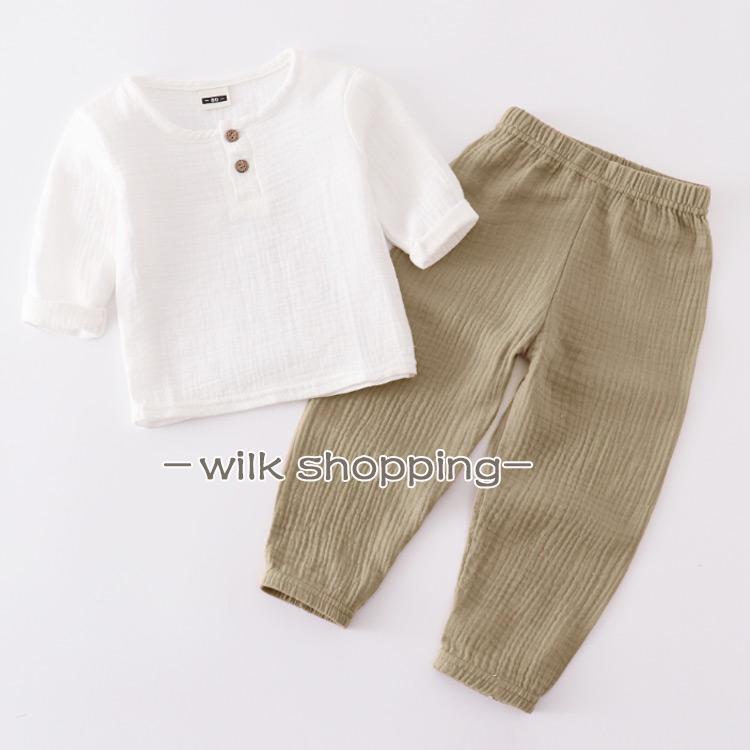 冬 秋 綿100% 上下セット 綿100% キッズ服 春 キッズ tシャツ 長袖 ダブルガーゼ ...