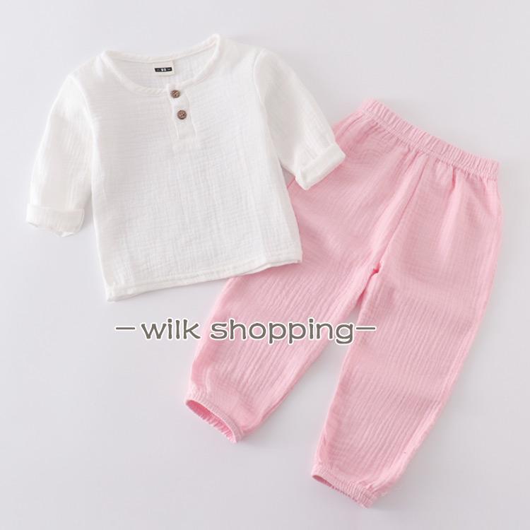冬 秋 綿100% 上下セット 綿100% キッズ服 春 キッズ tシャツ 長袖 ダブルガーゼ ...