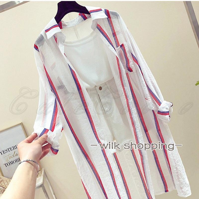 ロングシャツ レディース カーディガン ストライプ柄 超薄手 前開き トップス カジ...