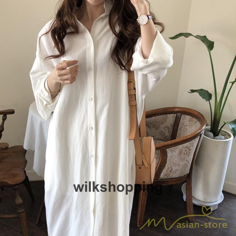 シャツワンピース 綿シャツ 長袖 ワンピース レディース 春コーデ 羽織り 楽チン ロングワンピース ミモレ丈 大人 40代50代 無地 大人 カジュアル 通学通勤