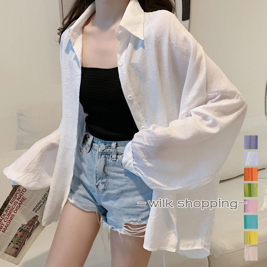 素材：ポリエステル65％+綿35％カラー：ホワイト/ピンクベージュ/イー/ラベンダー/ブルーグリーン/オレンジ/レタスグリーン/ピンクサイズ：ワンサイズ前丈:約70cm 後丈:約77cm 肩幅:約68cm 袖丈:約50cm ゆき:約84cm 身幅:約61cm 胸囲:約122cm裏地：なし伸縮性：なし透け感：ありシアーカーディガンレディース シフォン ドルマンカーデ UVケア 長袖トップス 冷房紫外線対策 シャツブラウス 無地 白いつものコーデが新鮮にアップデートしてくれるキャンディーカラーのミディアム丈カーディガンボリューム感のあるスリーブで二の腕カバー夏は冷房や日焼け対策に使えて、肌寒い季節は羽織れる優秀なアイテム