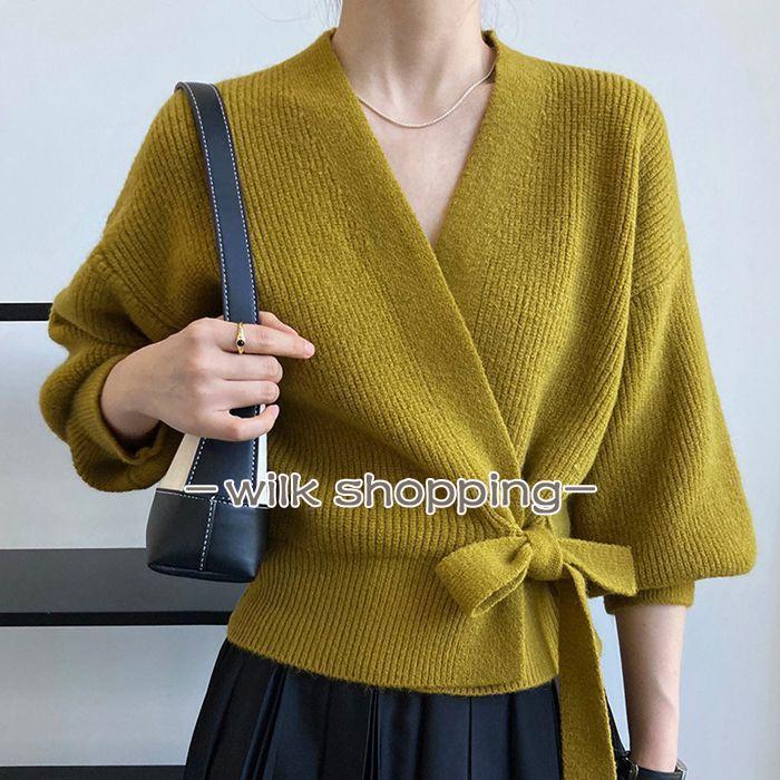 ニットトップス レディース Vネック パフスリーブ バルーン袖 ウエストリボン トップス 無地 ゆったり 長袖 秋物 ニット セーター ニットソーmrj284【素　材】ポリエステル【カラー】グレー、イー、ブラック、ホワイト、コーヒー色【サイ...