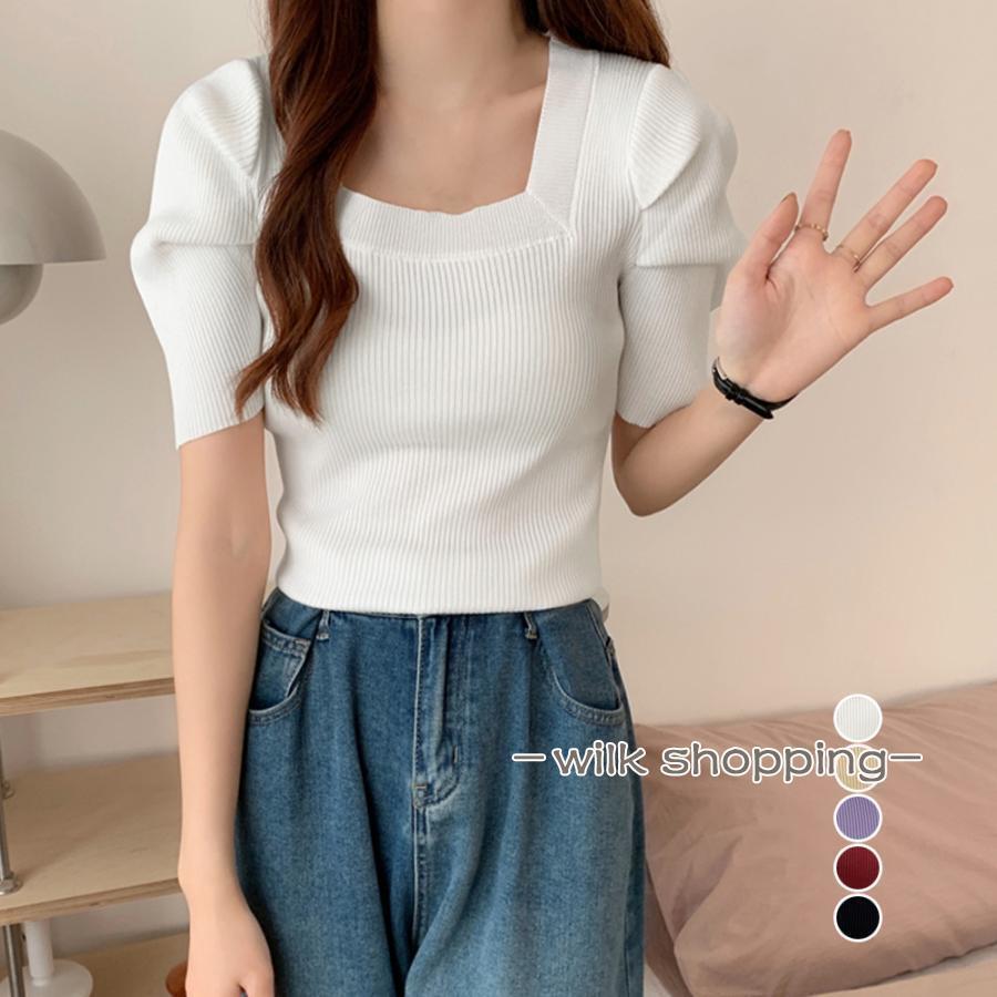 スクエアネック サマーリブニットトップス