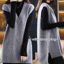 ニットベスト フレンチスリーブ レディース 前後差 vネック ニット セーター ノースリーブ ベスト 無地 プルオーバー 体型カバー スリット ロング チュニッ...