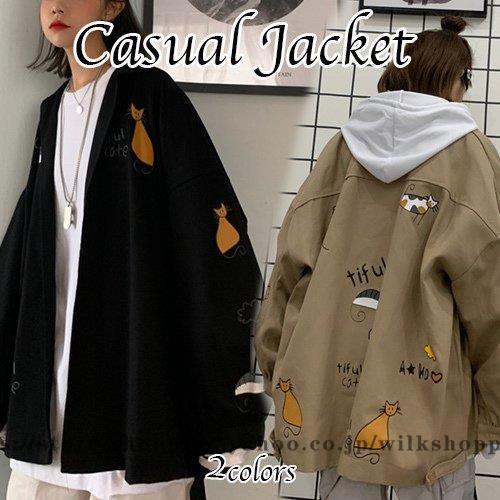 ネコ プリント ブルゾン ジャンバー オーバーサイズ レディース シンプル きれいめ 可愛い カジュアル ..