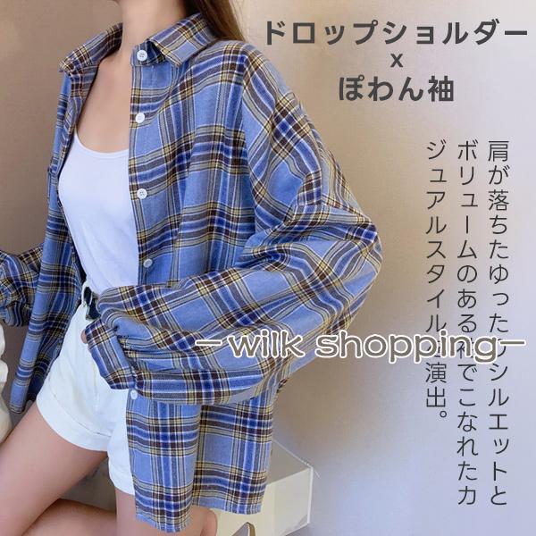 シャツ レディース チェックシャツ 長袖 ゆったり オーバーサイズ ビッグシルエット ボリューム袖 ぽわん袖 長袖シャツ カジュアル 春 秋 3