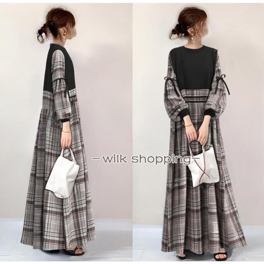 ワンピース40代 秋服50代 レディース 長袖 丸首 パフスリーブ ドッキングワンピース 切り替え ロングワンピース フレアワンピース Aラインワンピース 大人