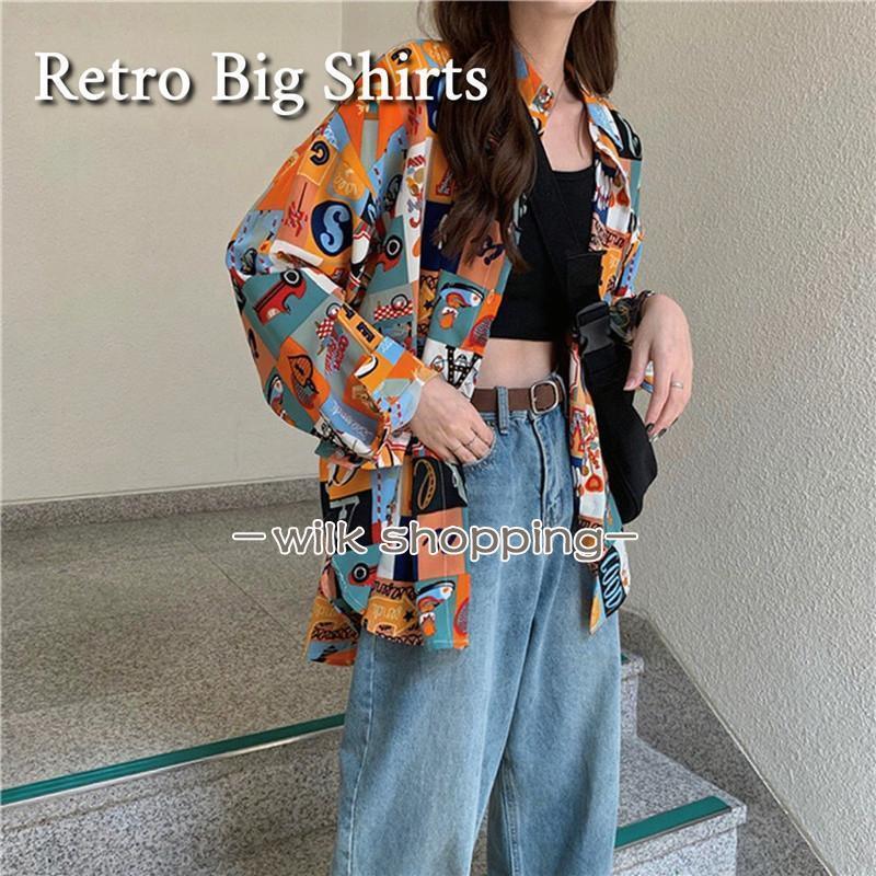 レトロ 柄プリント シャツ サテンシャツ レディース 柄シャツ レトロ柄 長袖シャツ サテン トップス プ..