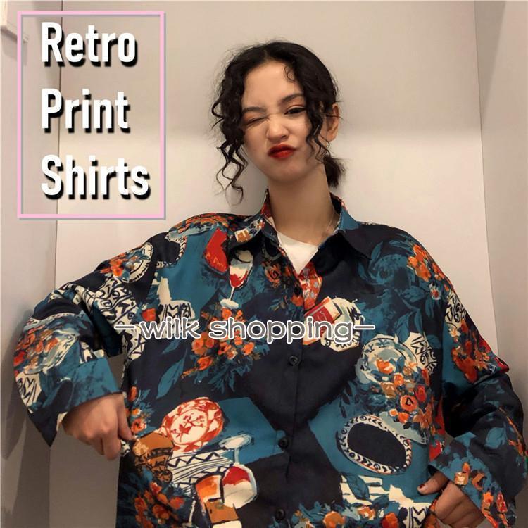 レトロ 花柄プリント シャツ サテンシャツ レディース 花柄シャツ レトロ柄 長袖シャツ サテン トップ..