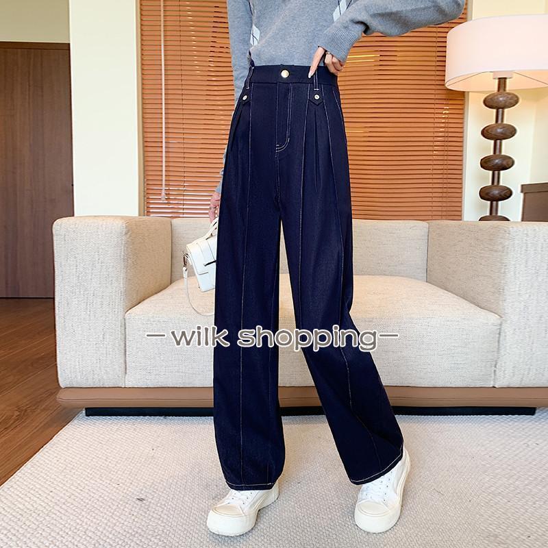 樂天商城 - パンツウエストバックゴム レディース 秋服 ストレートパンツ ハイウエストパンツ デニムパンツ ジーンズ 大きいサイズ展開 カジュアルパンツ ボタン 着痩せ