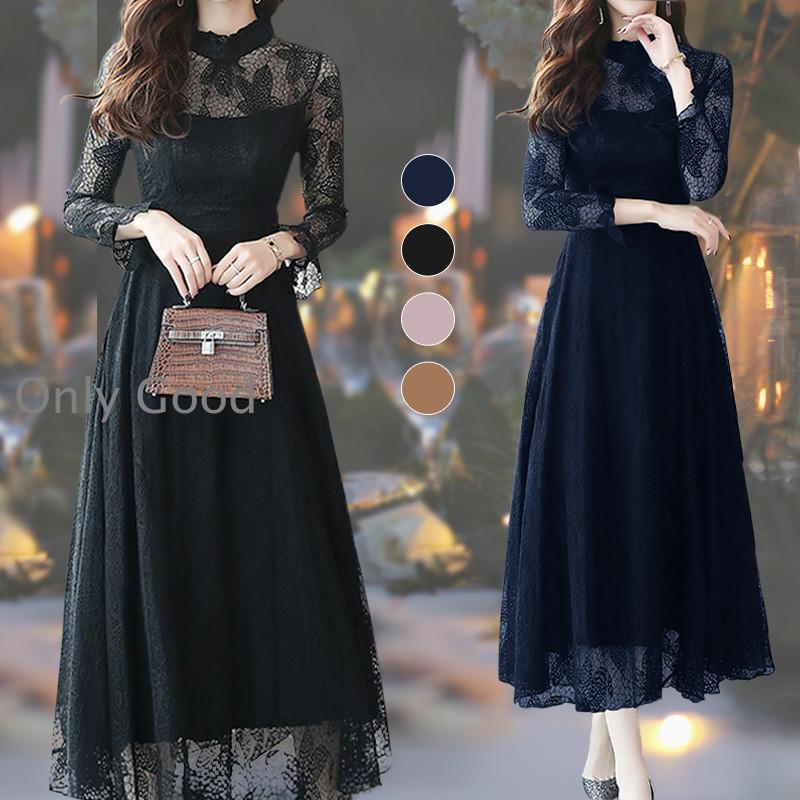 ワンピース レディース きれいめ 結婚式 ドレス レースワンピ 長袖 Aライン パーティードレス 上品 マ..