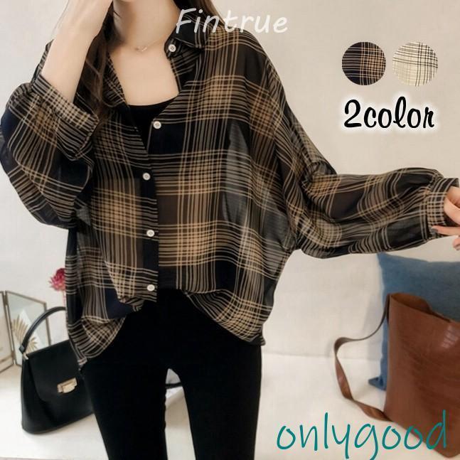 チェックシャツ シャツ レディース トップス ベルスリーブ ブラウス チェック柄 ゆったり 長袖 大人 体..