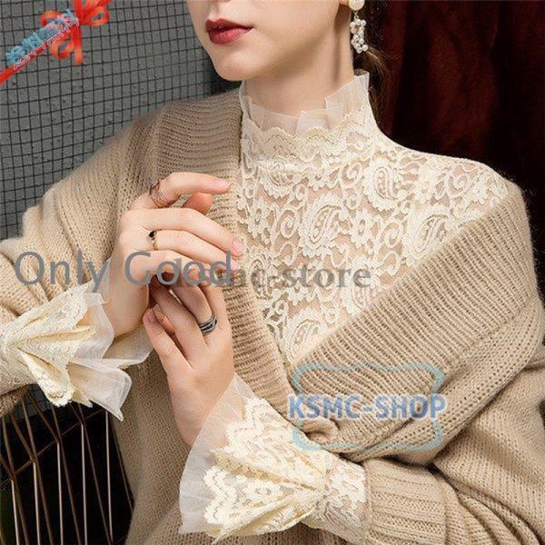トップス レース カットソー レディース インナーウェア 総レース ブラウス タイト 2タイプ 裏起毛 ハイネック タートルネック tシャツ 秋 冬 長袖