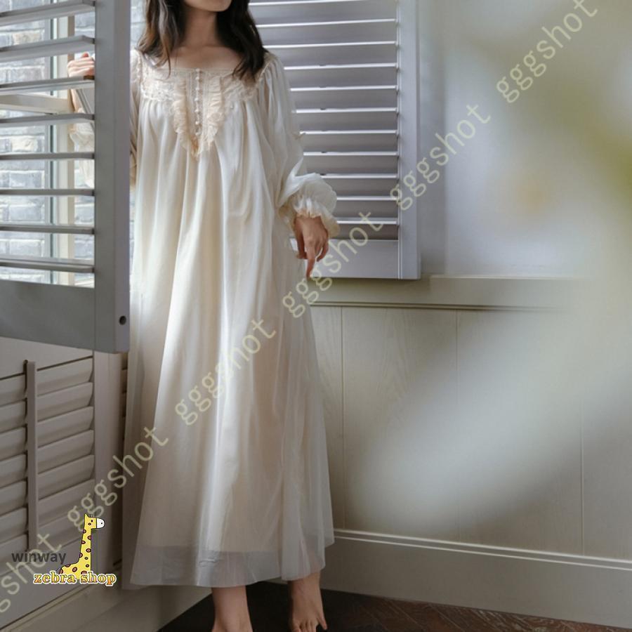 レディース ワンピース 綿 春 夏 秋 長袖 ルームウェア ロング おしゃれ かわいい ネグリジェ 女性 ナ..