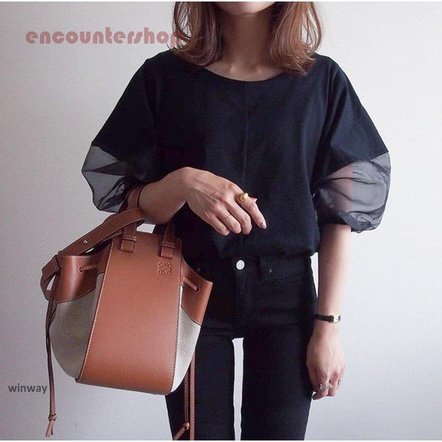 ブラウス レディース 40代 春秋 きれいめ 五分袖ブラウス オシャレブラウス パフスリーブ チュール切り替え 無地 韓国風 プルオーバーTシャツ トップス 着痩せ