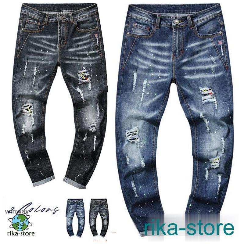デニムパンツ メンズ 秋 スキニーデニム ボトムス ジーンズ ジーパン 個性的 欧米風 カジュアル ダメージ ユーズド ズボン アンクルパンツ