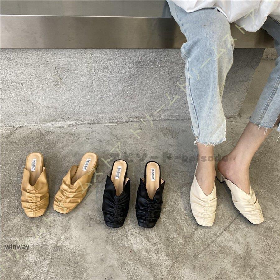 ミュール レディース オフィスサンダル スクエアトゥ つま先あり 黒 ストラップ付き プリーツ INS風 おしゃれ 衝撃吸収 前被り 春秋 低反発 韓国風 滑りにくい