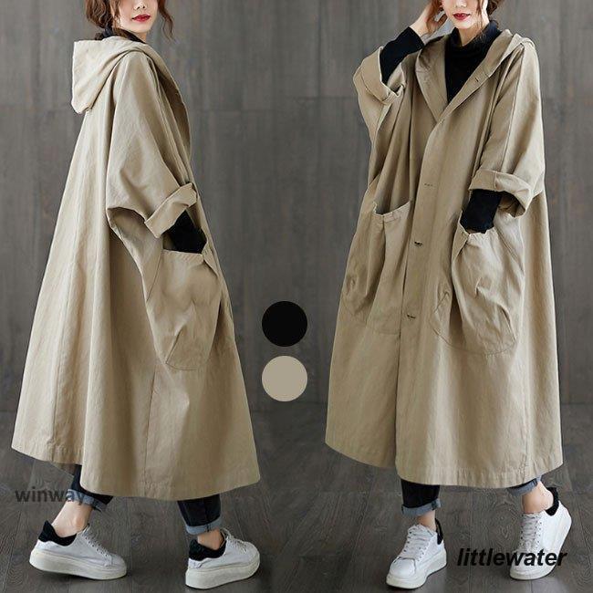 Aラインコート レディース 秋コート フード付き オーバーサイズ スプリングコート ロングコート 体型カバー コート 大人可愛い トレンチコート アウター 春秋 通勤 通学 春コート キャメル ブラックレディースフード付きトレンチコートが春...