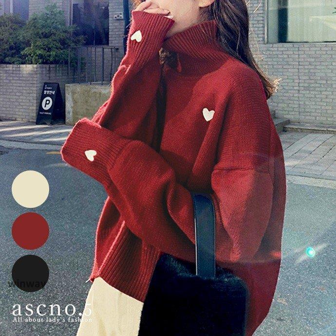 タートルネック ニット セーター ハート 温かい 韓国ファッション 韓国 冬 秋冬 キュート かわいい デ..