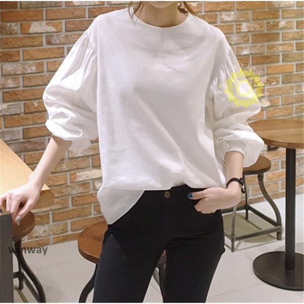 ブラウス レディース tシャツ 長袖tシャツ 長袖 ロンT パフスリーブ バルーンスリーブ ロンティー チュニック オフィス 通勤 ゆったり