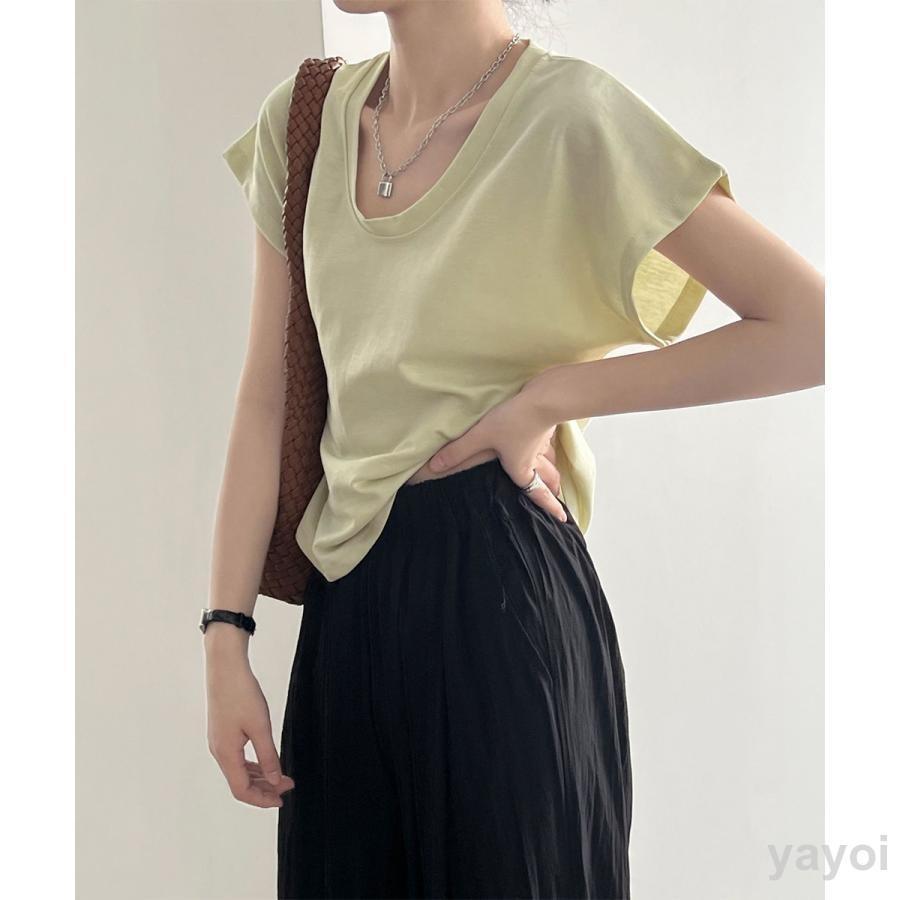 Uネックカットソー 韓国風 半袖Tシャツ